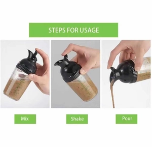 Three-step usage guide for plastic salad dressing shaker showing mix, shake, and pour steps