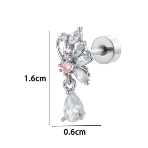Silver flower stud earring with pink gemstones and crystal drop, 1.6cm x 0.6cm size