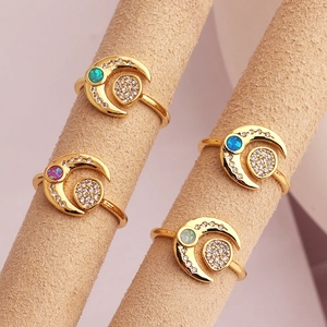 Retro Moon Star Open Adjustable Ring For Women Copper Gold Plated With Artificial Opal And Zircon Inlaid Elegant Jewelry
