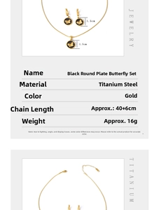 Detail view of gold butterfly pendant jewelry set with dimension and product specs