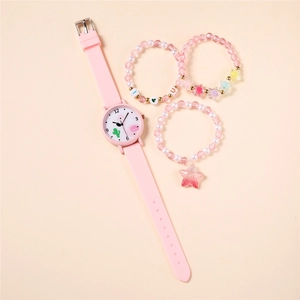 Ensemble montre rose pour enfants et bracelets perlés avec motifs flamants et cactus