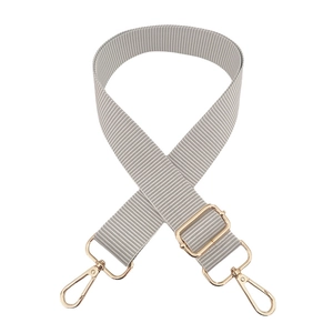 Close-up of gray and white striped 3.8cm adjustable bag strap with gold metal buckles