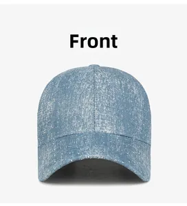 Front view of a light blue denim baseball cap with sparkling rhinestone chessboard pattern