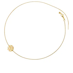 Elegant gold brass necklace with round faux pearl flower pendant on a thin 465mm chain