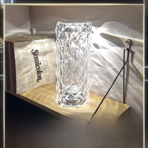 Detail of crystal table lamp showing three-color lighting and rose shadow texture