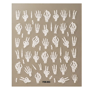 5D embossed white Halloween skeleton bone nail stickers with various hand gestures