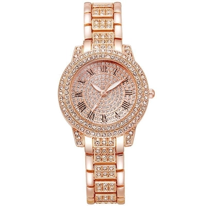 Luxury Women Bling Rhinestone Quartz Watch With Matching Bracelet Necklace Earrings Ring Iced Out Roman Numerals Dial Alloy