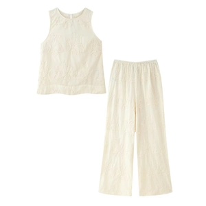 Tenues Pantalons Femmes Gilet Sans Manches Col Rond Et Pantalon Large Broderie Florale Décontracté Été Streetwear Élégant