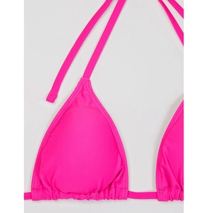 Close-up of bright pink triangle bikini top with pleated cups and halter neck ties