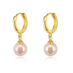 Elegant gold drop earrings with round pink pearls on a clean white background