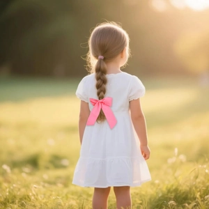 Detail of a bright pink satin bow hair clip with ribbons in a warm outdoor setting