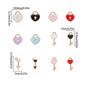 Colorful enamel heart and key charms for DIY jewelry with precise size dimensions