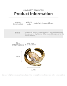 Detail view of gold-plated snake ring showing dimensions 2.7cm and 18mm inner diameter