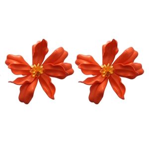 Oversized orange acrylic flower earrings with silver needles and glossy enamel finish