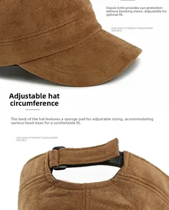 Detail of brown suede military cap with curved brim and adjustable hook-and-loop strap