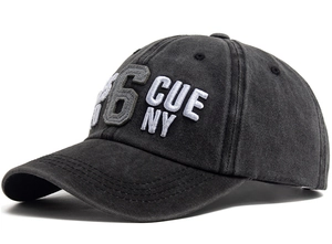 Detail view of washed charcoal cotton baseball cap with 3D embroidery and vintage texture