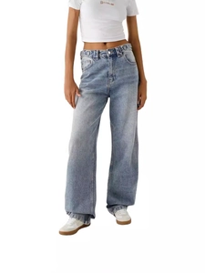 Jean femme délavé bleu clair taille haute à jambes larges et coupe streetwear ample