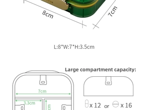 Detail view of compact green pill box with dimensions 8x7x3.5cm and metallic latch