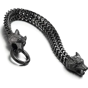Vintage black stainless steel Viking wolf head Franco link chain bracelet for men
