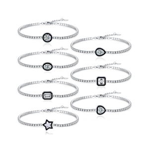 S925 sterling silver tennis bracelets with black enamel and various geometric charms
