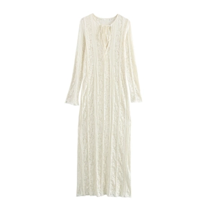 Women Sexy French Lace Maxi Dress V-Neck Lace-Up Slim Long Sleeve Hollow Out Polyester Elegant Off-White