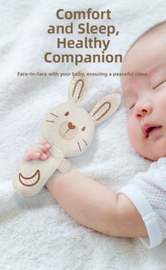 Detail showing a soft organic cotton bunny rattle held by a sleeping newborn baby