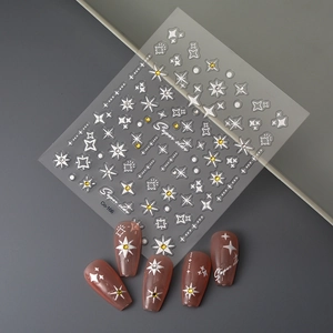 3D star nail art stickers with white lines and yellow rhinestones style Co-166