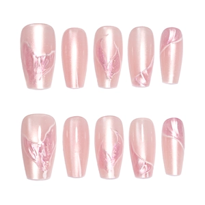 Pink mermaid tail press-on nails set with pearlescent cat eye effect and 10 pieces