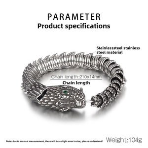 Detailed view of heavy 304 stainless steel dragon scale bracelet with green eyes and antique finish