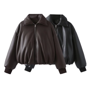 Women Casual Oversized Faux Leather Padded Jacket Thick Warm Vintage Bomber Jacket With Ribbed Cuffs Lapel Zipper Puffer Coat