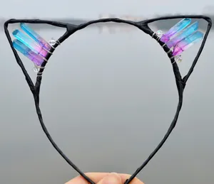 Detail of blue purple crystal cat ear headband with silver wire wrapping