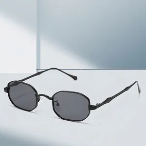Retro polygonal metal sunglasses with slim black frames and dark grey gradient lenses