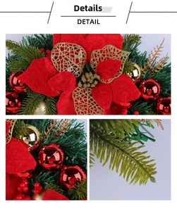 Detail of red poinsettia and golden hollow petals on a festive Christmas wreath