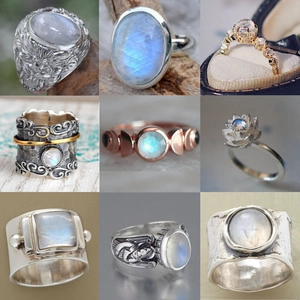Detailed grid of vintage moonstone rings in retro silver and rose gold floral patterns