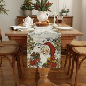 Christmas table runner featuring Santa Claus and Cherry and Bright text on wooden table