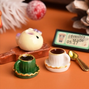 Detailed macro view of miniature Christmas coffee cups and food set for dollhouse decor