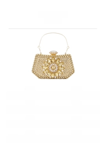 Detailed size specifications of the gold beaded evening bag with rhinestone sunflower