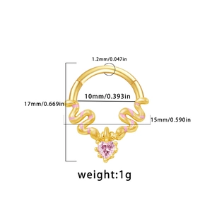 Detailed size chart for golden heart piercing ring with pink enamel wave pattern