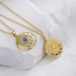 Evil Eye Pendant Necklace 18K Gold Plated Copper With Zircon Enamel Retro Bohemian Jewelry For Women