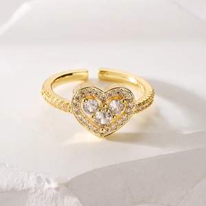 Elegant gold plated heart shaped adjustable ring with sparkling cubic zirconia stones