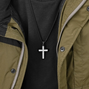 Men's two-tone stainless steel cross pendant necklace with inset stone on black bead chain