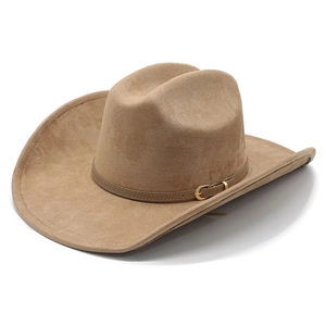 Classic camel wide brim western cowboy hat with leather belt buckle for men and women