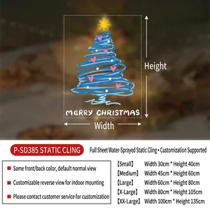 Blue line art Christmas tree static window sticker with sizing chart details