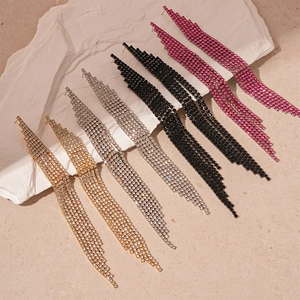 Luxury geometric long fringe rhinestone drop earrings in gold, silver, black, and rose gold