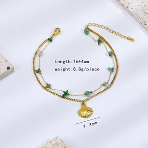 Detail of beach style shell pendant anklet with green stones and 16+4cm length data