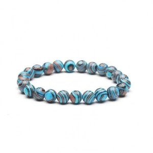 Detailed view of 8mm blue and brown striped natural stone beaded stretch bracelet
