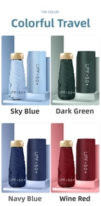 Paraguas de viaje planos de cinco pliegues en cuatro colores con fundas UPF 50 plus