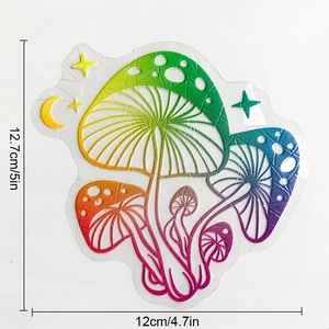 Rainbow mushroom suncatcher window decal detail with dimensions of 12.7cm by 12cm