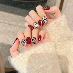 Handgefertigte Katzenauge Künstliche Nägel Herbst Winter Mocha Schokolade Leopardenmuster Kurz Quadratisch Abgerundet Fake Nails