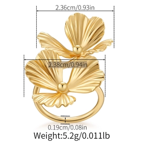 Detailed view of the 18K gold plated ginkgo leaf ring with precise size measurements